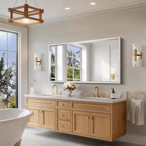 CIRCUMI 30"x55" Brushed Silver Bathroom Mirror, Double Sink Vanity Mirror