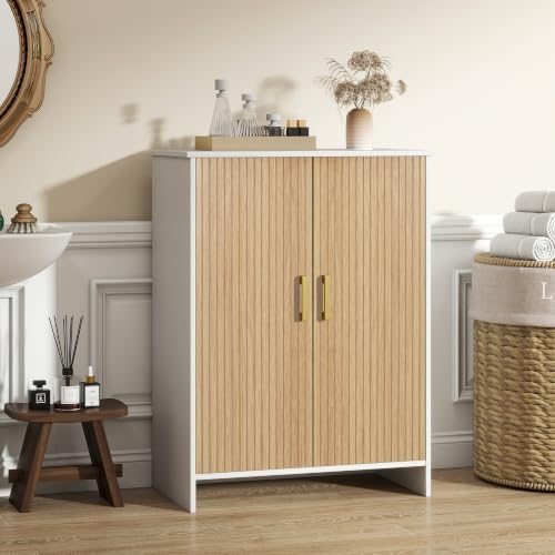 Bathroom Storage Cabinet, Floor Cabinet with 2 Fluted Doors and 2 Adjustable Shelves Wooden Freestanding Organizers and Storage, White