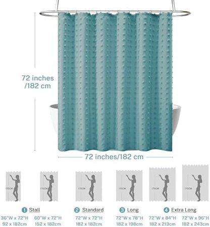 Siiluminisoy Boho Teal Shower Curtain Woven Fabric Shower Curtain, 72 x 72 Tufted Pleat Floral Puffs Textured Modern Farmhouse Minimalist Shower Curtain Set with Hooks for Bathroom