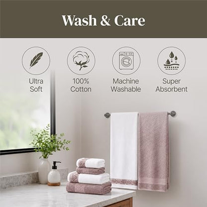 Modern Threads 6 Piece Bath Towel Set – Bathroom Towel Set with 2 Bath Towels, 2 Hand Towels & 2 Washcloths – 100% Cotton, Soft & Absorbent – Jacquard Border (Rose)