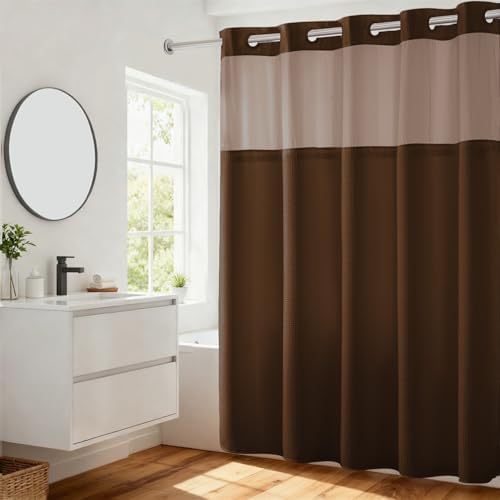 RiverDream Heavyweight Waffle No Hook Shower Curtain with Liner,Brown,71x74