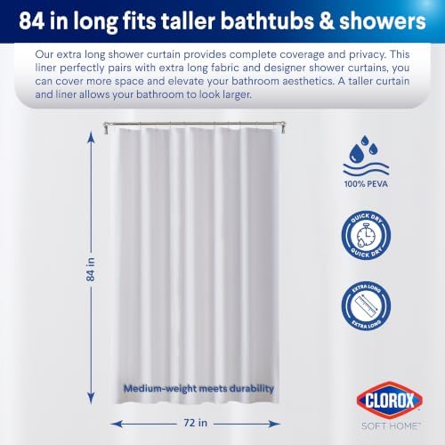 Clorox Shower Curtain Liner, Premium Medium-Weight Durable Waterproof 6g PEVA for Bathroom with Weighted Magnets, Extra Long 72" x 84", Frosty 1 Pack