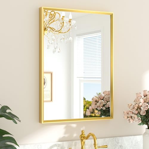 TETOTE Brushed Brass Bathroom Mirror 22" x 30" Brushed Gold Rectangle Beveled Framed Bathroom Vanity Mirror for Over Sink, Tempered Glass, Modern Farmhouse Bedroom, Entryway, Living Room