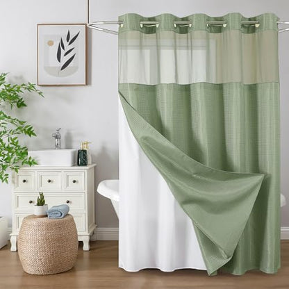Colorful Star Sage Green No Hook Waffle Shower Curtain Set, 72 x 81 Inch