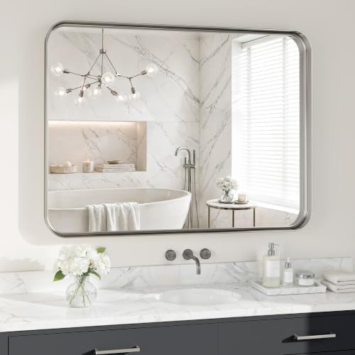 40X30 Inch Silver Metal Framed Bathroom Mirror for Wall,HD Tempered Glass