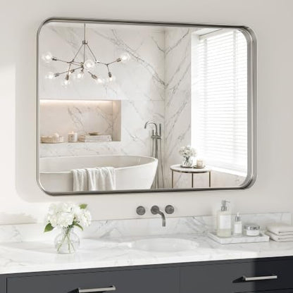40X30 Inch Silver Metal Framed Bathroom Mirror for Wall,HD Tempered Glass