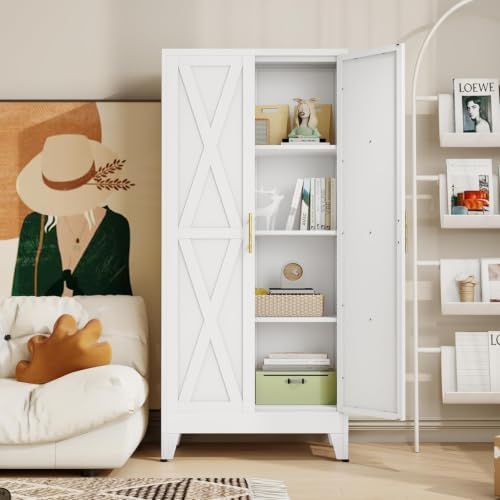 61" Metal Storage Cabinet with 2 Doors and 3 Adjustable Shelves,White Farmhouse Kitchen Pantry Cabinet,Steel Garage Tool Cabinet,File Cabinetfor Home,Office,Dinning Living Room,Warehouse