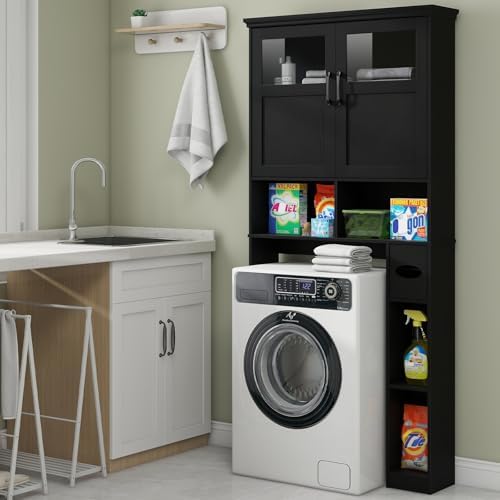 Vabches Over The Toilet Storage Cabinet with Doors & Paper Holder, Black