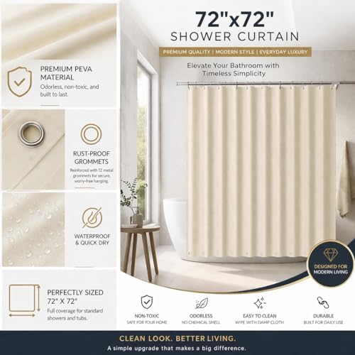 EHZNZIE Beige Shower Curtain Liner 72x72, PEVA Waterproof Bath Curtain, No Chemical Smell, 3 Weighted Magnets, Durable with Rustproof Metal Grommets