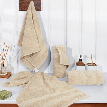 American Soft Linen Salem 100% Cotton Turkish 4 Piece Hand Towels for Bathroom, 600 GSM Soft Absorbent Quickdry Hand Face Towel Set, Beige