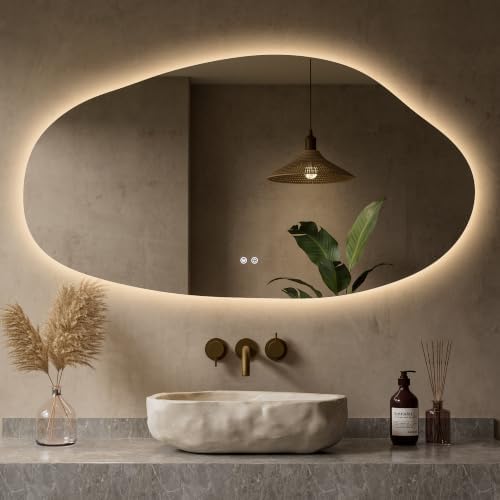 Keonjinn Irregular LED Mirror for Bathroom 55 x 30 Inch, Tempered Glass