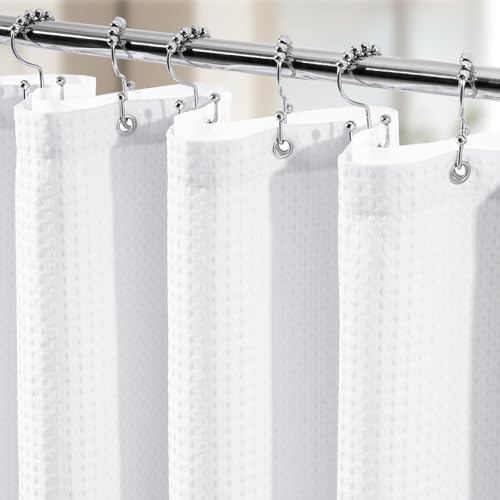 Vipfree 3 in 1 Shower Curtain Set, Waffle Shower Curtain and Liner Set with 12 Double Sided Shower Curtain Hooks, 258GSM Luxury Weighted Cloth Shower Curtains for Bathroom, 72 W x 72 H, White