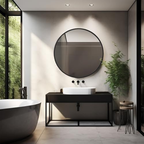 Sunniry Circle Mirror 26 inch, Black Round Mirror, Matte Black Metal Frame