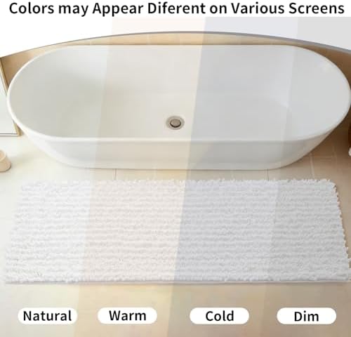 Disolla White Bathroom Rug 24x44 Inch - Thick Chenille Bath Mat, Large Shaggy Plush Absorbent Rug, Non-Slip Machine Washable Floor Mat for Double Vanity