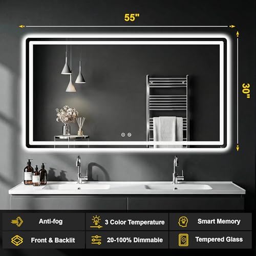 LED Bathroom Mirror with Lights, 30"x55" Lighted Vanity Mirror for Wall