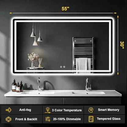 LED Bathroom Mirror with Lights, 30"x55" Lighted Vanity Mirror for Wall