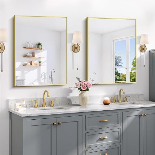 COFENY Gold Bathroom Mirror for Wall, 24x32 Inch Rectangle Mirror with Metal Frame, Modern Vanity Mirrors for Bathroom Living Room, Entryway Hangs Horizontal or Vertical