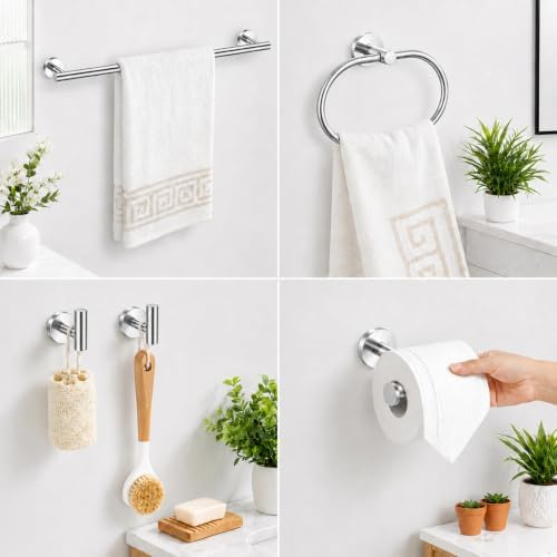 Polished Chrome Bathroom Accessories Set, 7 Pieces Towel Bar Bathroom Hardware Set, 24 Inch Towel Racks for Bathroom, SUS304 Stainless Steel Bathroom Towel Holder Toilet Paper Holder Wall Mounted
