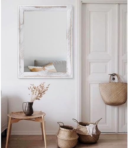 AAZZKANG Mirrors for Wall Rustic Wood Framed Hanging Mirror 28"x20" Decorative for Farmhouse Bedroom Bathroom Living Room Entryway Hallway White