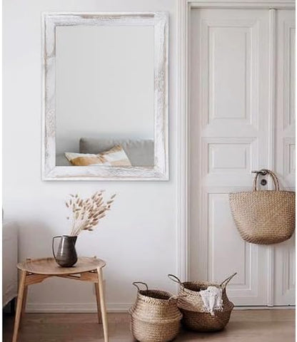 AAZZKANG Mirrors for Wall Rustic Wood Framed Hanging Mirror 28"x20" Decorative for Farmhouse Bedroom Bathroom Living Room Entryway Hallway White