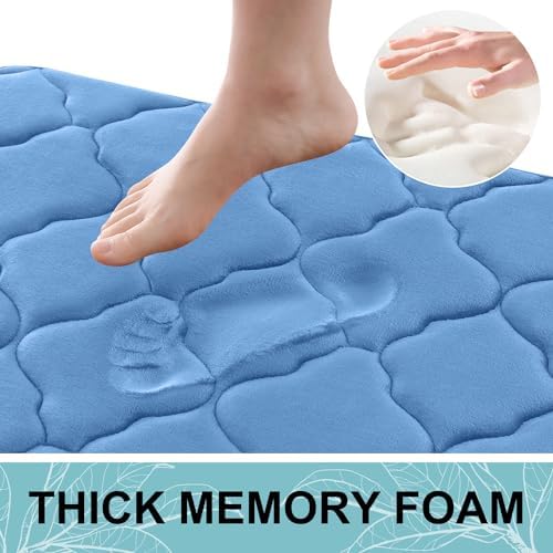 OLANLY Memory Foam Bath Mat Rug 24x16, Ultra Soft and Absorbent Bathroom Rugs, Non-Slip, Comfortable, Machine Washable Bath Carpet for Bathroom Floor, Tub, Shower and Home Decor Accessories, Blue