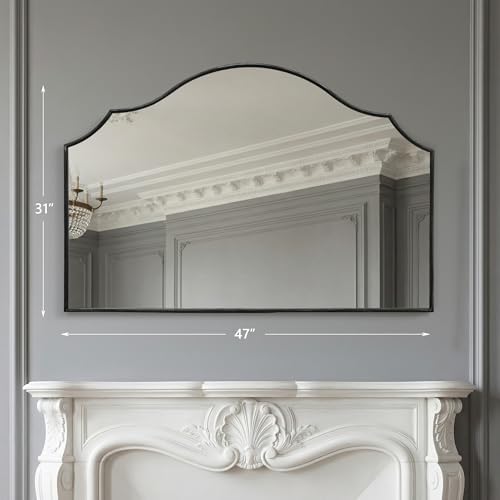 Besdomus Black Scalloped Wall Mirror: 47"x31" Large Wooden Fireplace Mirror