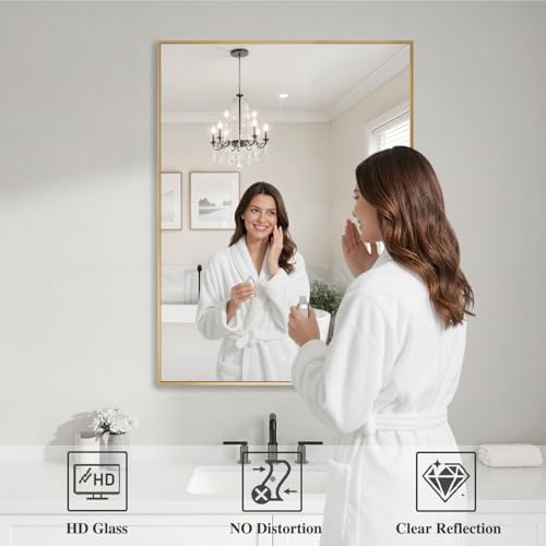 Koonmi Gold Mirrors for Wall, 26x38 Inch Bathroom Mirror, Rectangular Wall Mirror for Living Room Bedroom Bathroom, Hangs Horizontally or Vertically