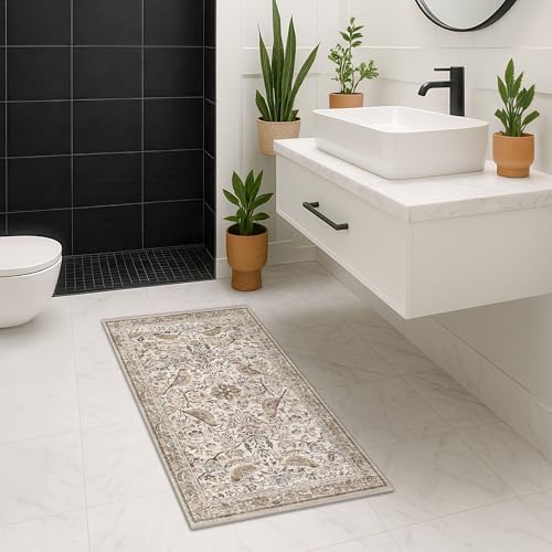 Hazo Haus Boho Moss 2x5 Laundry Room Rug - Floral & Bird Runner Rug for Kitchen Floor, Hallway, Bedroom, Entrance, Taupe Green Neutral Vintage Decor, Washable Non Slip Low Pile