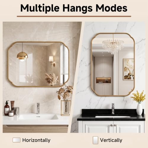 24"x18" Gold Scalloped Mirror for Bathroom, Rust-Proof Metal Frame