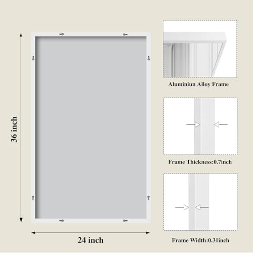 Koonmi White Rectangle Wall Mirror, 24x36 Inch Bathroom Mirror, Aluminum Frame Vanity Mirror for Entryway, Living Room, Bedroom Bathroom, Hangs Horizontally or Vertically