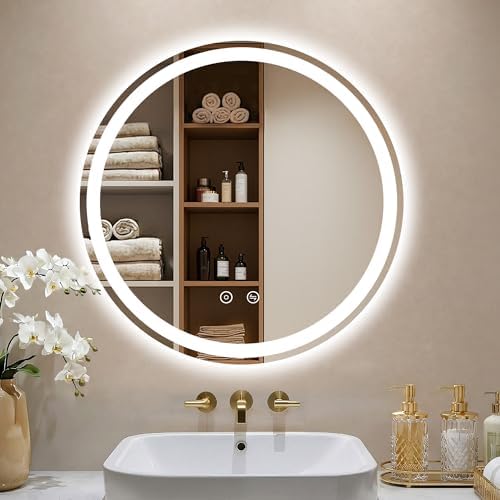 24 Inch Round LED Bathroom Mirror with Lights, Circle Lighted Vanity Mirror
