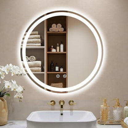 24 Inch Round LED Bathroom Mirror with Lights, Circle Lighted Vanity Mirror