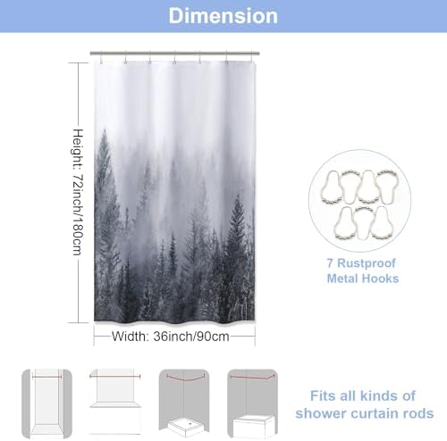ORTIGIA 36x72 Misty Forest Stall Shower Curtain for Small Bathroom, Grey Half Size Narrow Nature Woodland Shower Curtain Set with Hooks, Waterproof Fabric Pine Tree Fog Magic Home Bath Curtain