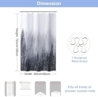 ORTIGIA 36x72 Misty Forest Stall Shower Curtain for Small Bathroom, Grey Half Size Narrow Nature Woodland Shower Curtain Set with Hooks, Waterproof Fabric Pine Tree Fog Magic Home Bath Curtain