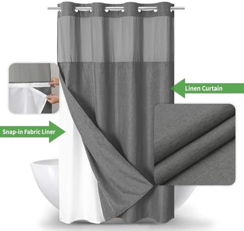 eachope No Hook Fabric Shower Curtain with Snap-in Liner,54x80Charcoal Grey