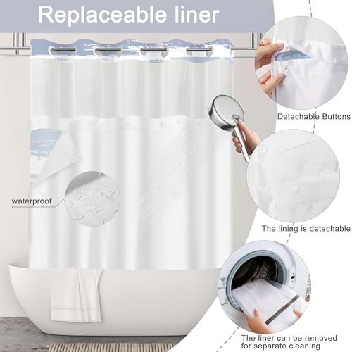No Hook Shower Curtain with Liner, Navy Blue Stripe, 71x84 Inch