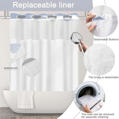 No Hook Shower Curtain with Liner, Navy Blue Stripe, 71x84 Inch