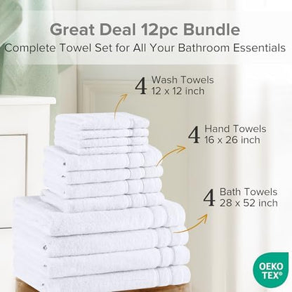Comfort Spaces 12 Pc Towel Set, 100% Cotton Zero Twist, White