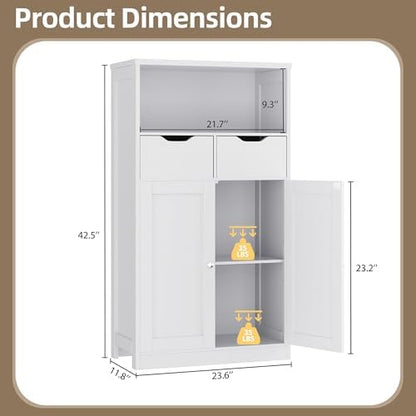 Walsunny Floor Storage Cabinet, Organizer with Doors and Drawers, Freestanding Side Cupboard Pantry with Adjustable Shelf for Bathroom/Living Room, White