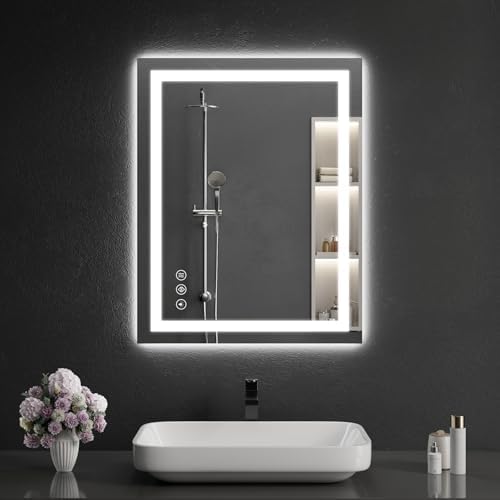 LED Bathroom Mirrors 24"x28" Bathroom Mirror with Lights for Wall, Backlit + Front Lit, 3 Colors, Anti-Fog, Dimmable Brightness for Vanity,Bathroom, Entryway, Living Room