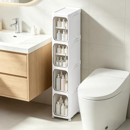 4-Tier Narrow Storage Cabinet Slim Bathroom Tall Skinny Organizer,White