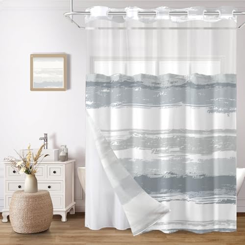 No Hook Shower Curtain with Liner, Grey Stripe, 71x74 Inch