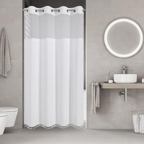 eachope No Hook Stall Shower Curtain with Snap-in Fabric Liner - 54x80 Heavy-Duty Linen Textured Striped Design,Narrow Rustic Modern Farmhouse Bohemian Bathroom Curtain,Water-Repellent,White