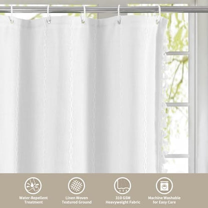 Boho Farmhouse Tassel Linen Shower Curtain,3D Embroidery Stripe White,72x78