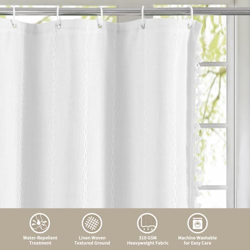 Boho Farmhouse Tassel Linen Shower Curtain,3D Embroidery Stripe White,72x72