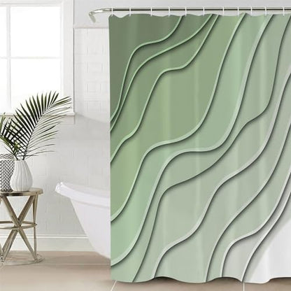 Shower Curtain Bathroom Set Gradient Sage Green Ocean Wave Line Waterproof Shower Curtains with Grommets Hooks Simple Striped Privacy Bath Curtain for Bathtub Decor 72x72in