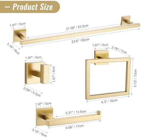 YACVCL Towel Bar Set 10-Piece Brushed Gold Bathroom Hardware Set, Gold Bathroom Accessories Set,23.6 Inch Towel Holder-Towel Racks Set for Bathroom Stainless Steel Wall Mounted