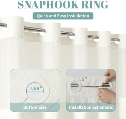 eachope No Hook Long Waffle Shower Curtain, Snap-in Liner, 71x86 in, Cream