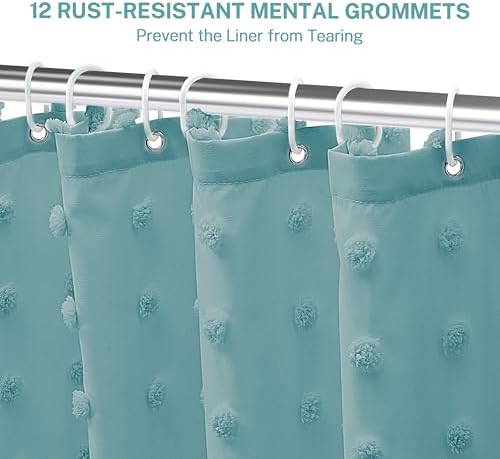 Siiluminisoy Boho Teal Shower Curtain Woven Fabric Shower Curtain, 72 x 72 Tufted Pleat Floral Puffs Textured Modern Farmhouse Minimalist Shower Curtain Set with Hooks for Bathroom