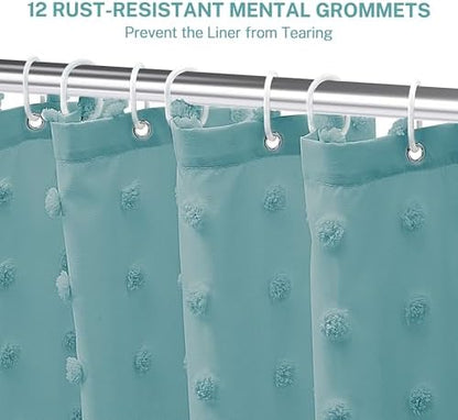 Siiluminisoy Boho Teal Shower Curtain Woven Fabric Shower Curtain, 72 x 72 Tufted Pleat Floral Puffs Textured Modern Farmhouse Minimalist Shower Curtain Set with Hooks for Bathroom